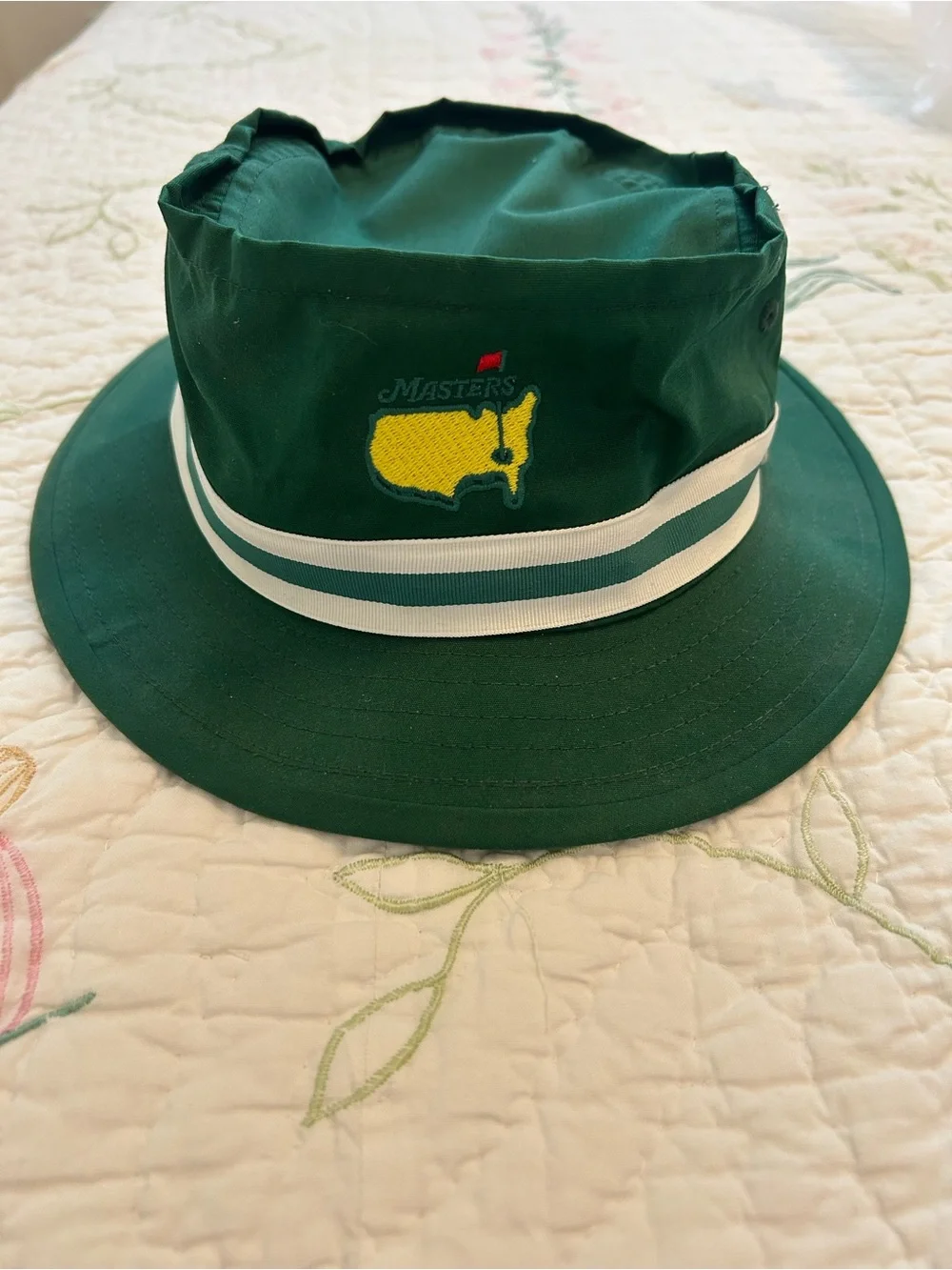 American Needle Masters Green Bucket Hat with Yellow Logo and White Stripes